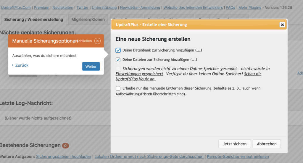 Erstes WordPress Backup mit WordPres Plugin Updraft Plus