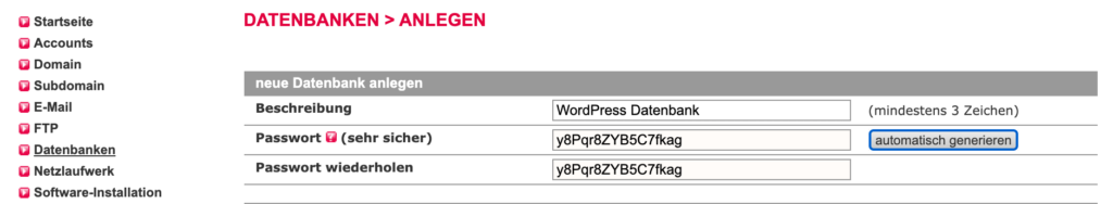 Datenbank einrichten beim Proivder für WordPress Umzug